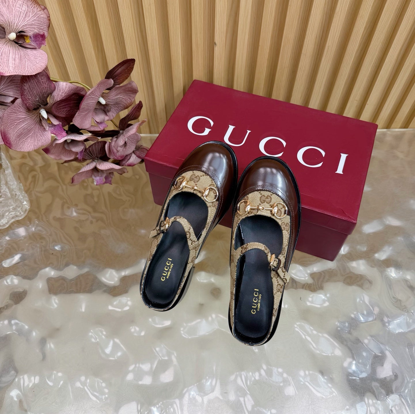 GG 26 Mule Brown Beige Beaded Leather Double G Fabric 589456