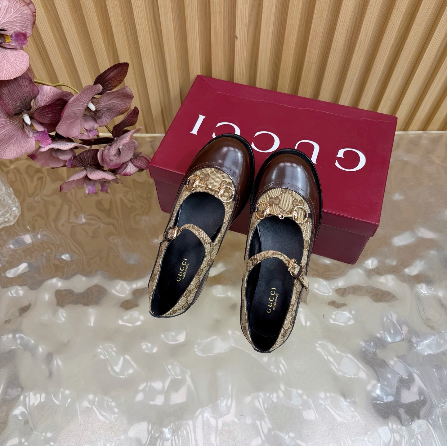 GG 26 Slip-on Brown Beige Sheepskin Double G Denim 589460