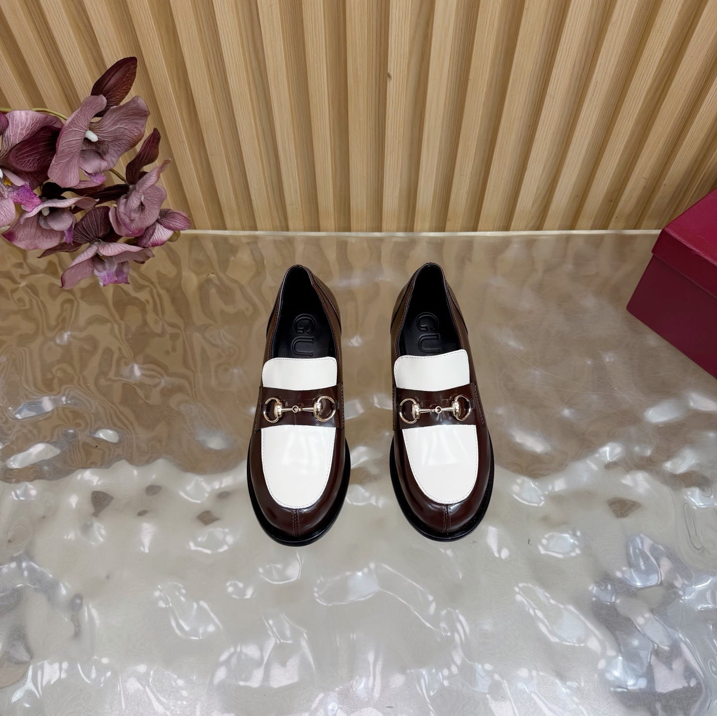 GG 26 Horsebit Loafers Brown White Sheepskin 589465