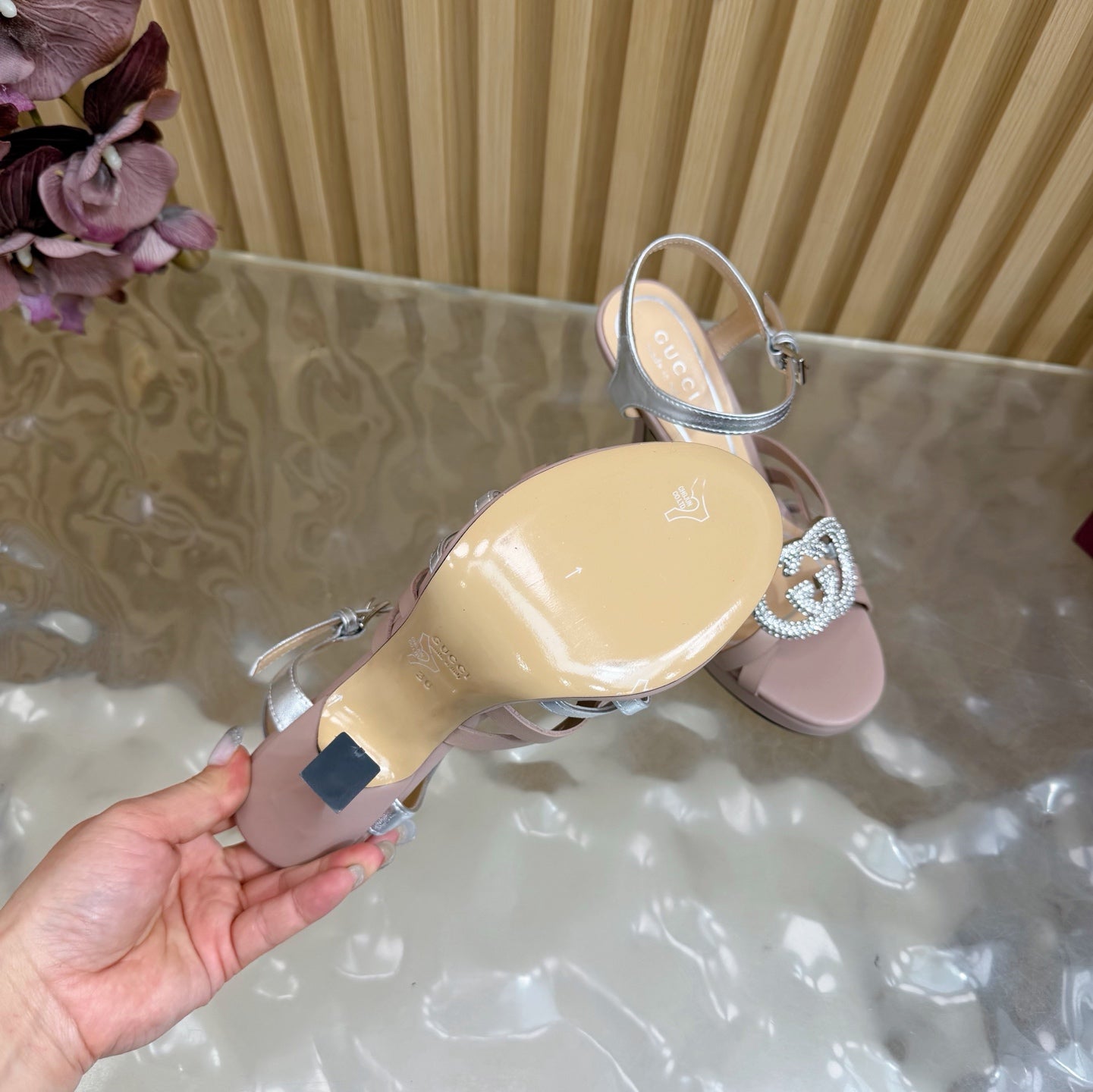 GG 26 High-Heeled Platform Sandals 105 Blush Pink Cowhide 589497