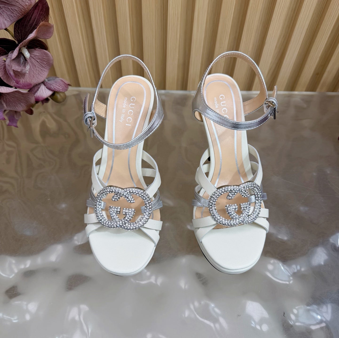 GG 26 High-Heeled Platform Sandals 105 White Cowhide 589499