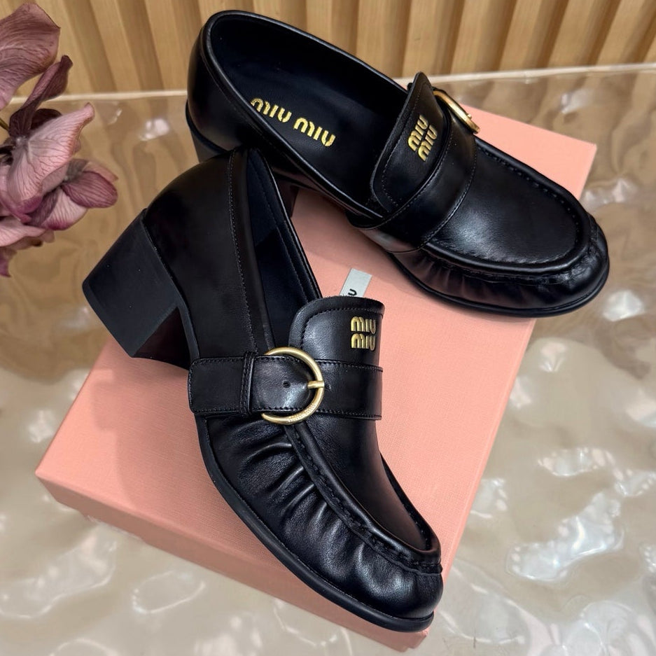 Miu Miu 2026 Buckle Chunky Heel Loafers Cowhide Suede 994167