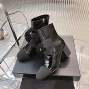 CC Short Boots 60mm Glossy Black Camellia Cowhide