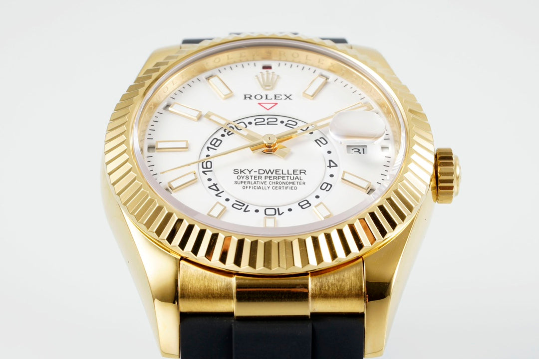 Rolex Sky-Dweller 42mm Gold Case White Dial Rubber Strap