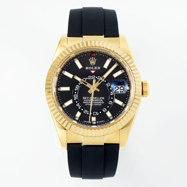 Rolex Sky-Dweller 42mm Gold Case Black Dial Rubber Strap