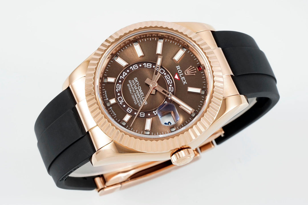 Rolex Sky-Dweller 42mm Rose Gold Case Brown Dial Rubber Strap