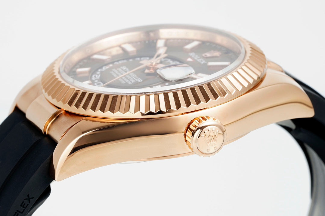 Rolex Sky-Dweller 42mm Rose Gold Case Brown Dial Rubber Strap