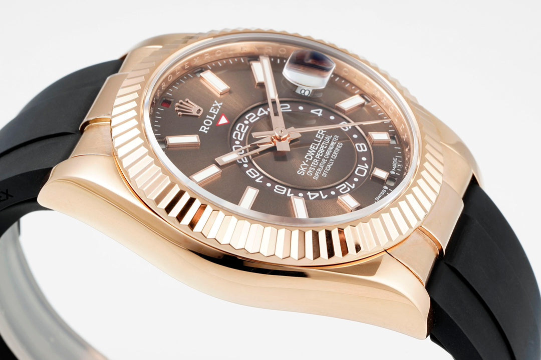 Rolex Sky-Dweller 42mm Rose Gold Case Brown Dial Rubber Strap