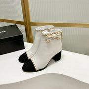 CC Ankle Boot 65 White Calfkin Black Grosgrain Leather Strap