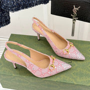 GG Horsebit Slingback 85MM Beige Pink Monogram Canvas Point Toe Crystal-Embellished