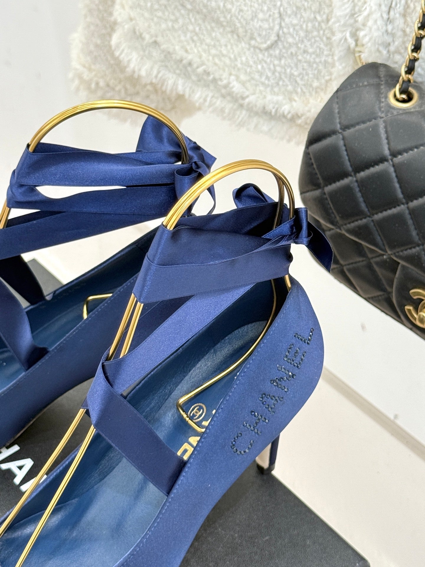 Chanel 2026 High-heeled Shoe 100mm Blue Satin Leather 616004