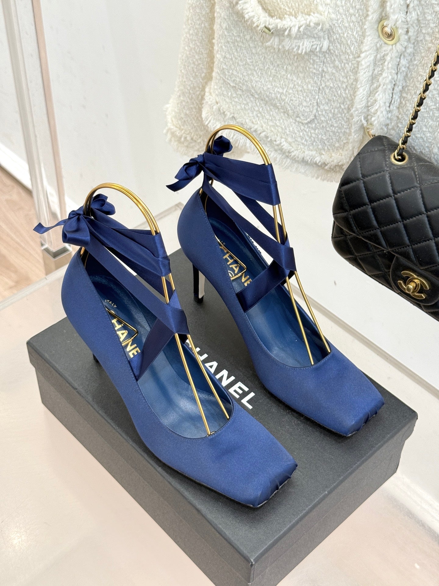 Chanel 2026 High-heeled Shoe 100mm Blue Satin Leather 616004