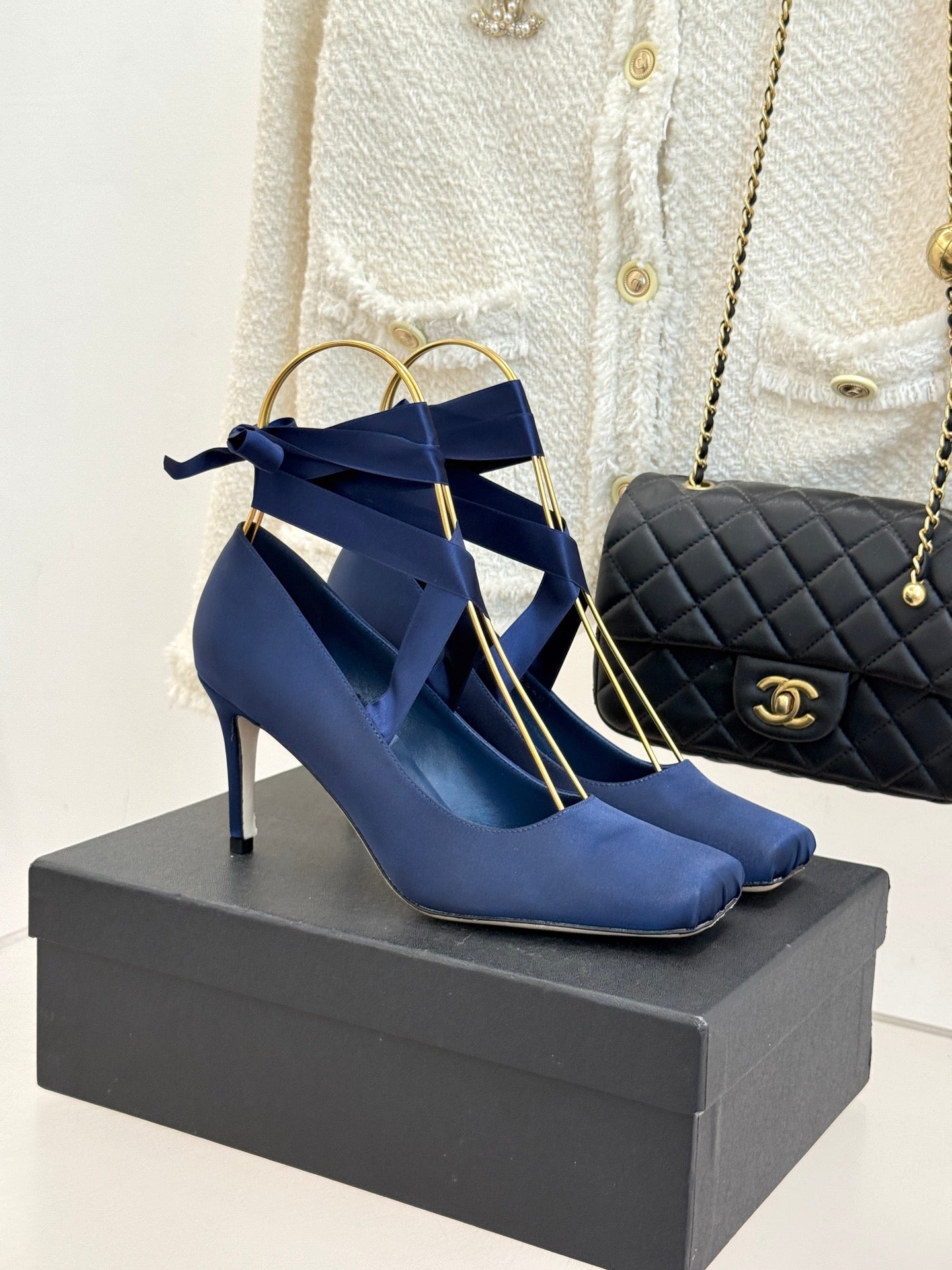 Chanel 2026 High-heeled Shoe 100mm Blue Satin Leather 616004