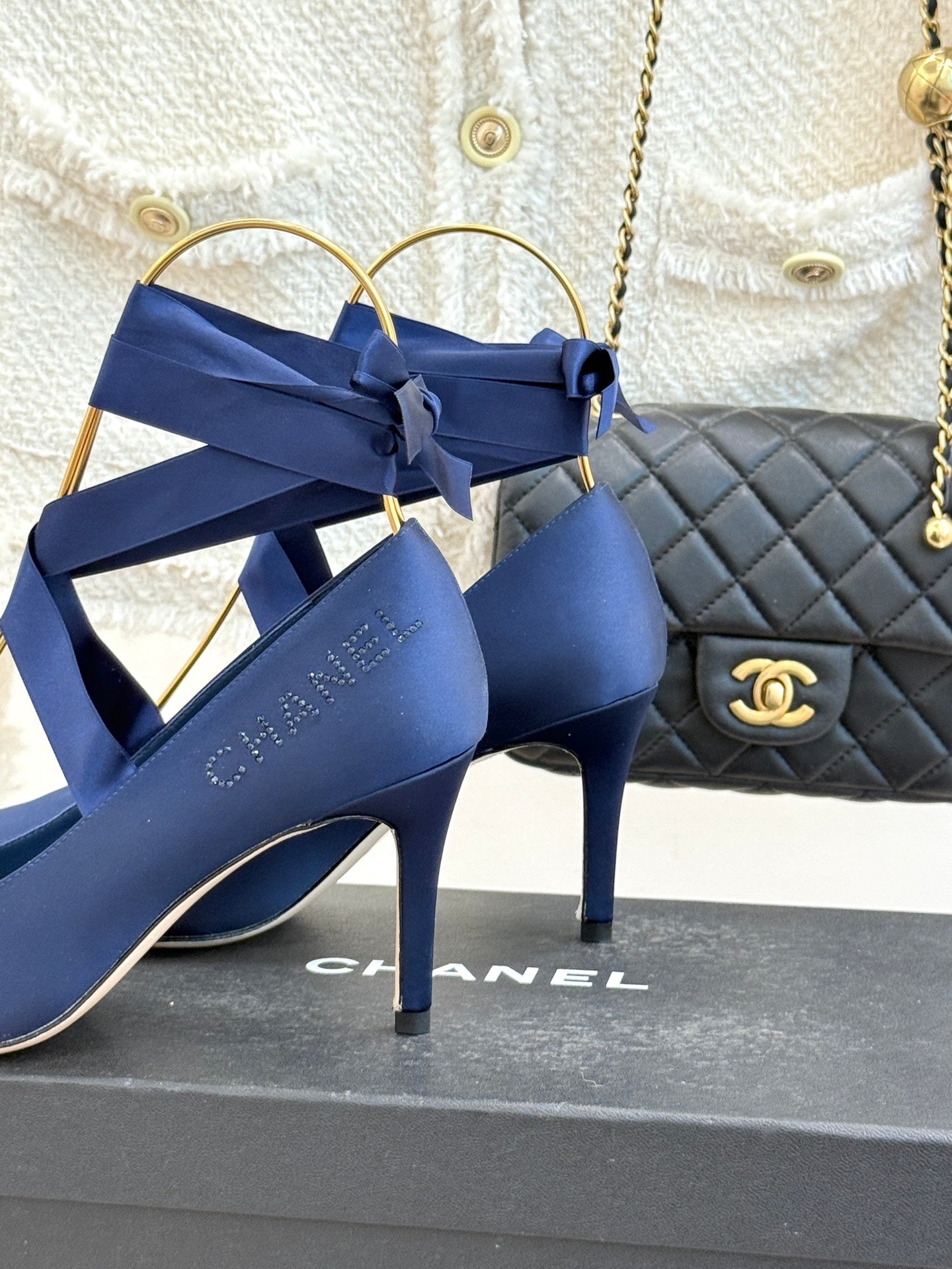 Chanel 2026 High-heeled Shoe 100mm Blue Satin Leather 616004