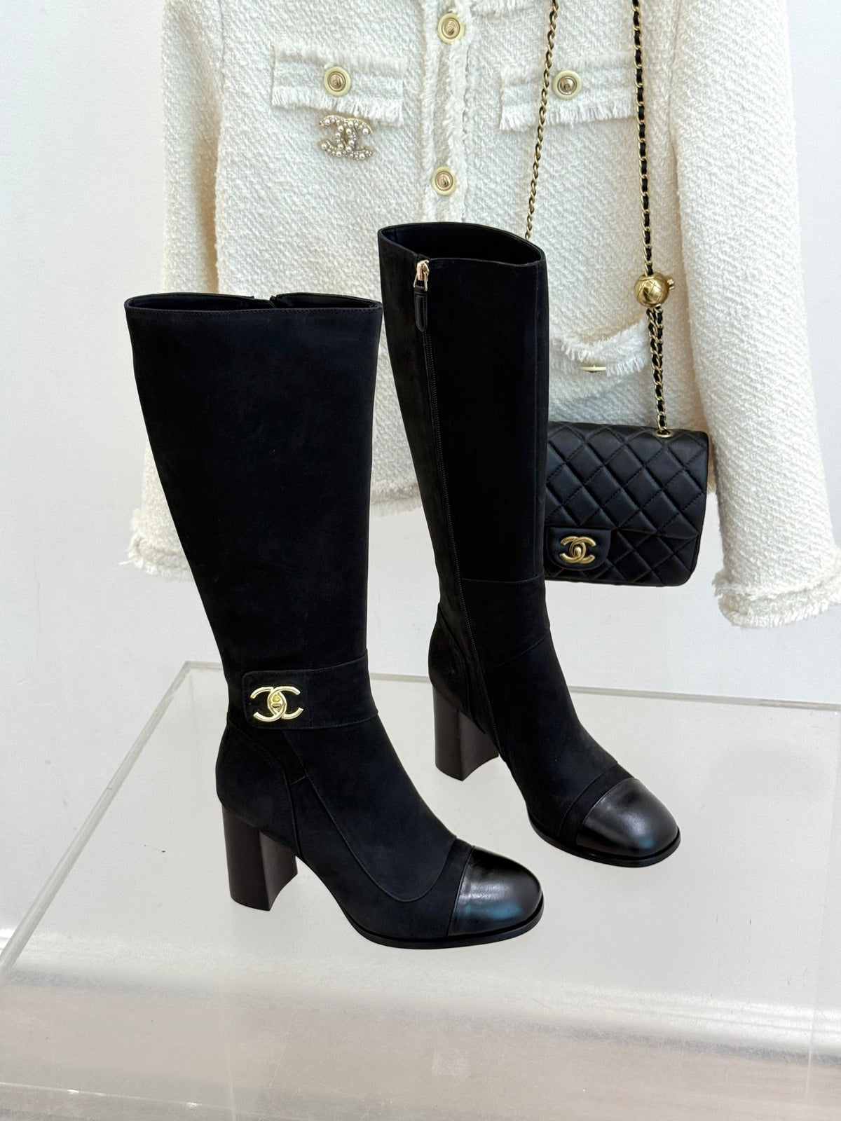 Chanel 2026 Double C Knee-High Boots 80mm Suede Leather 188646