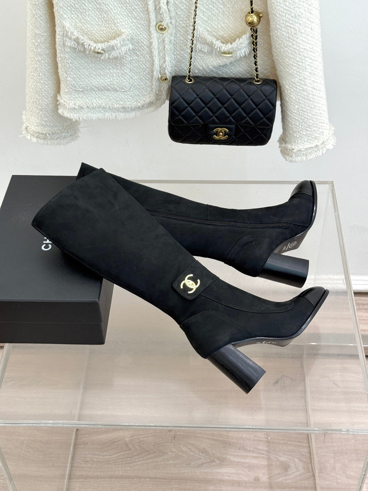 Chanel 2026 Double C Knee-High Boots 80mm Suede Leather 188646