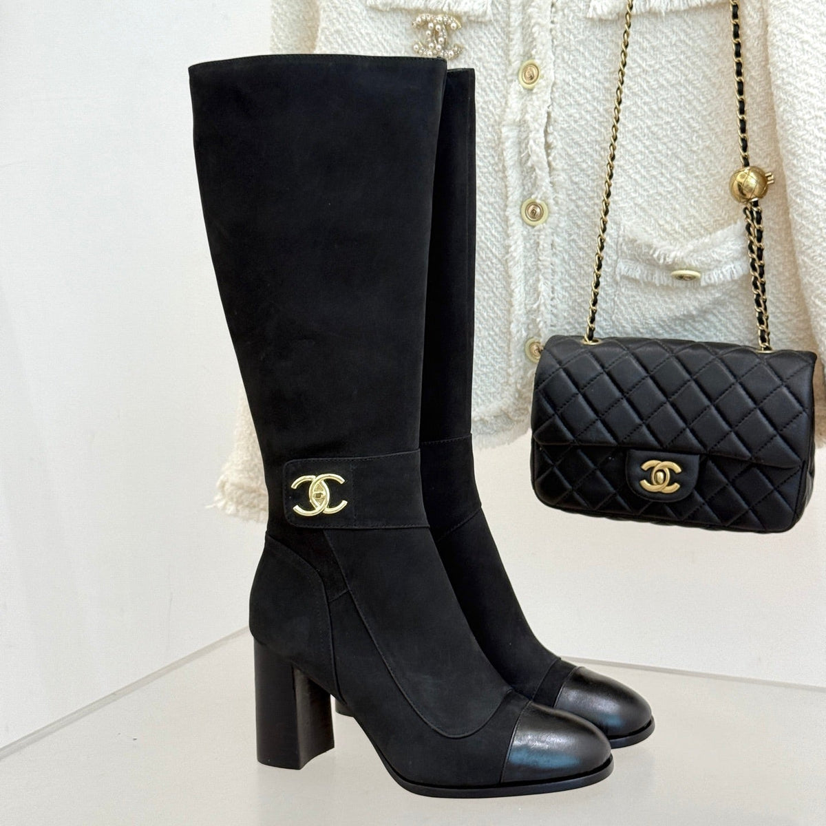 Chanel 2026 Double C Knee-High Boots 80mm Suede Leather 188646