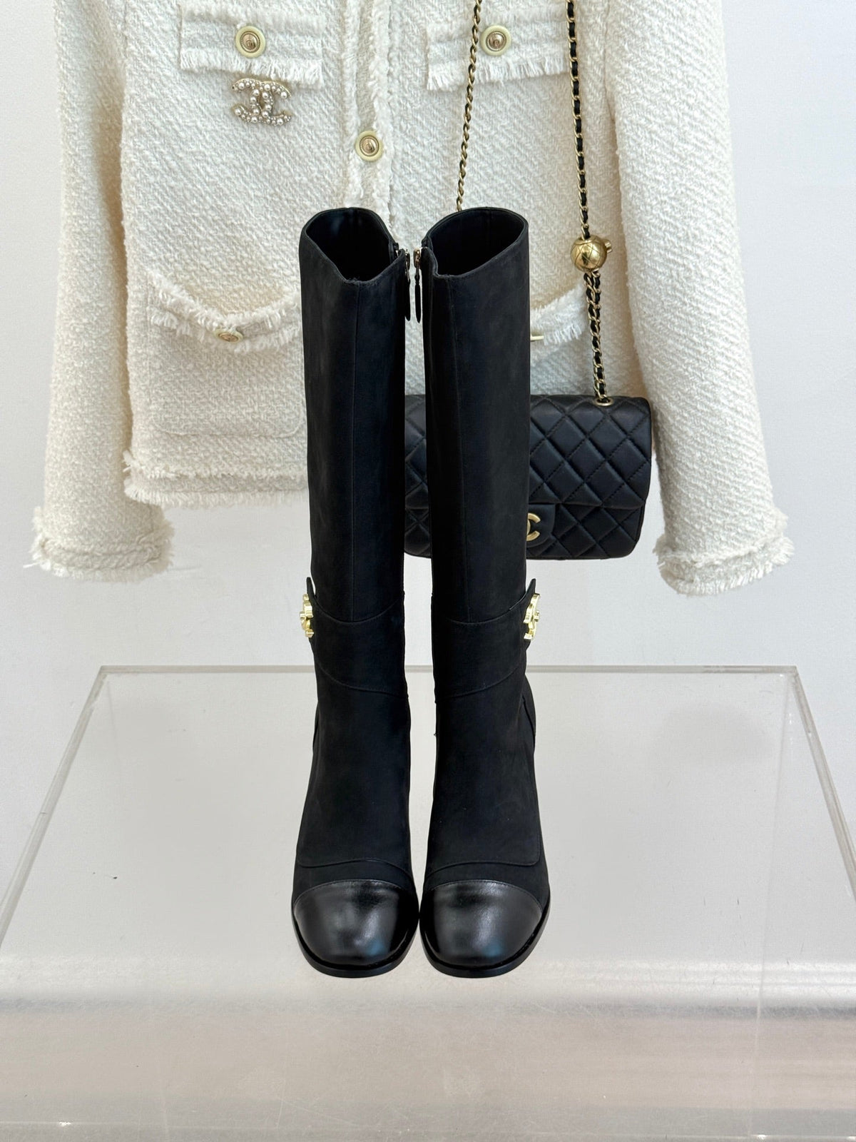 Chanel 2026 Double C Knee-High Boots 80mm Suede Leather 188646