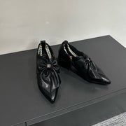 CC Pointed Toe High Heels Black Bow Tie Cowhide