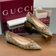 GG Horsebit Ballet Flat Beige Ebony Monogram Canvas Crystal-Embellished