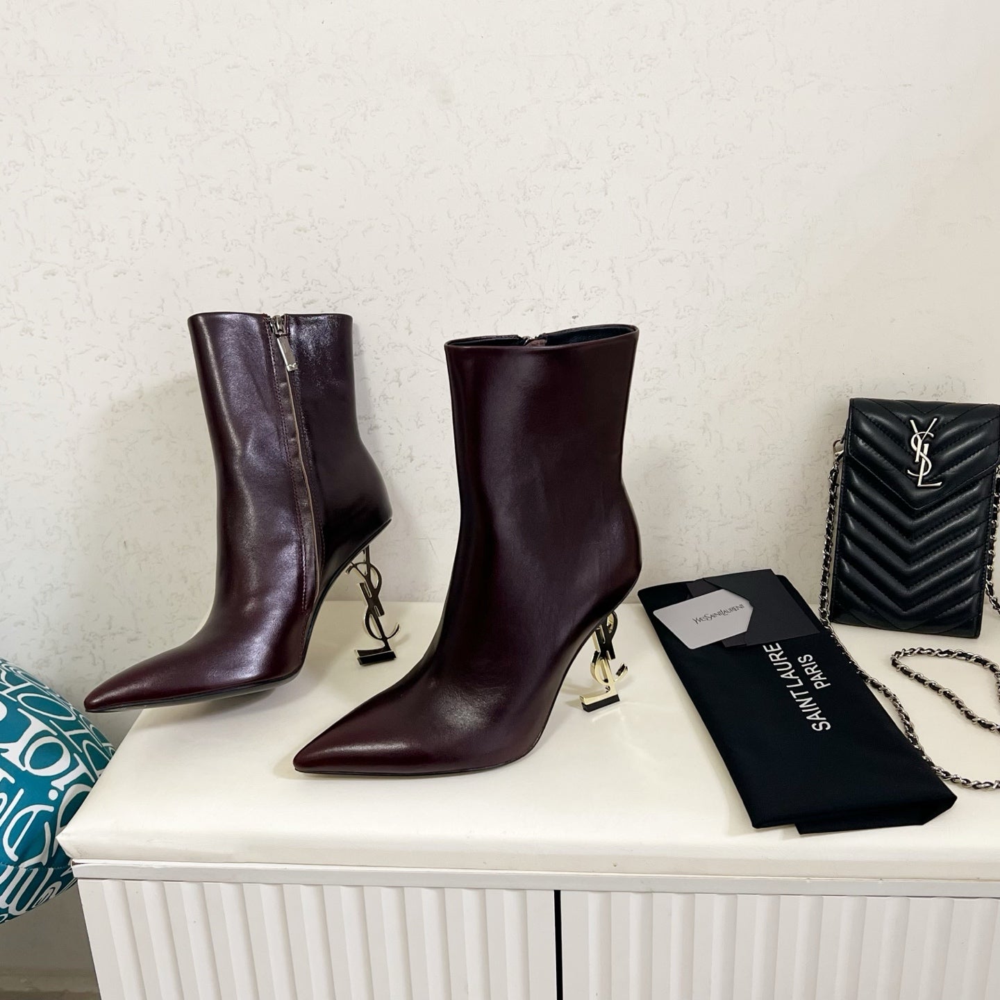 YSL 2025 Logo Metal Heel Ankle Boot Dark Burgundy Cowhide 575002