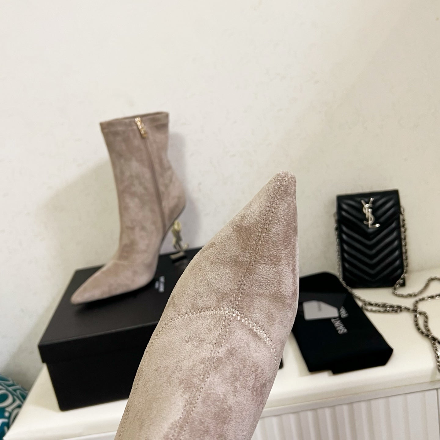 YSL 2025 Opyum 110mm Heel Ankle Boot Beige Suede 575007
