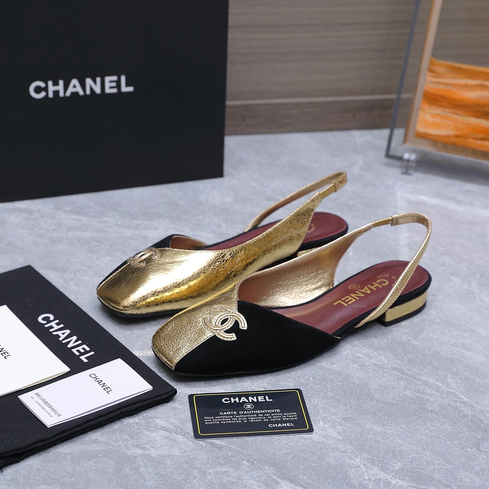 Chanel 2026 Slingback Black Gold Suede Leather 758405