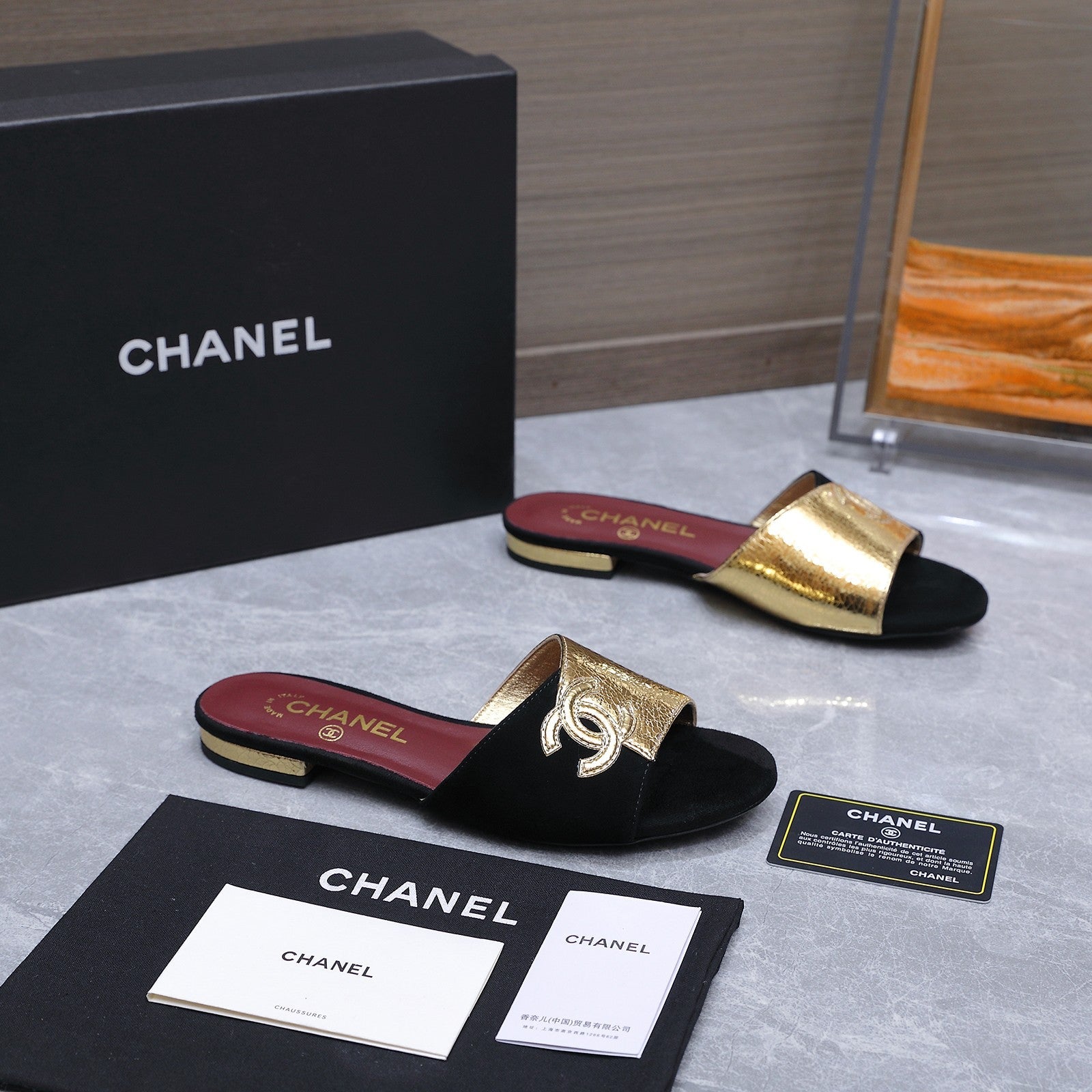 Chanel 2026 Sandals Black Gold Suede Leather 758413