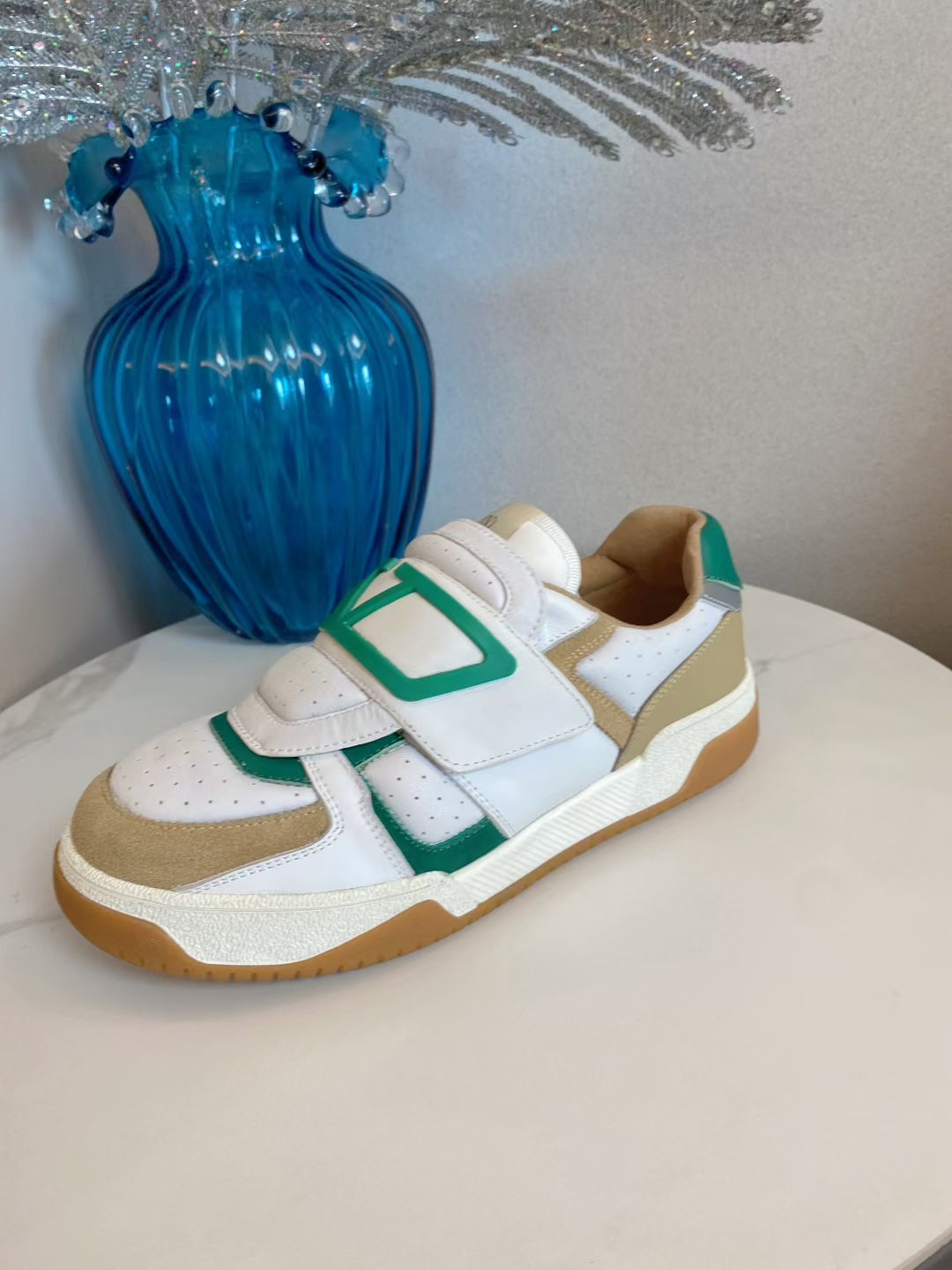 VT 25S Couple Sneakers White Tan Green Calfskin Suede 563100