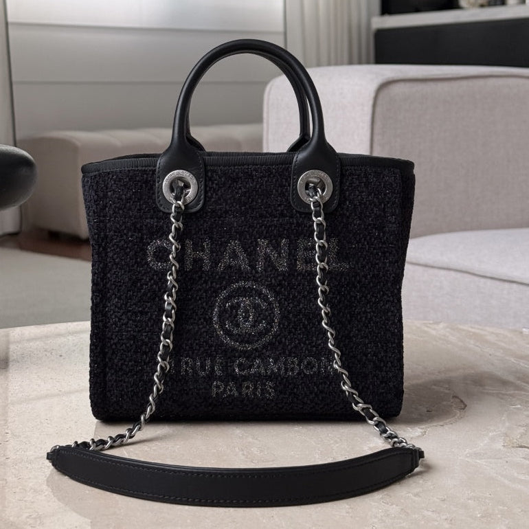 Chanel 2026 Mini Deauville Tote Bag 24cm Black Wool Leather Canvas