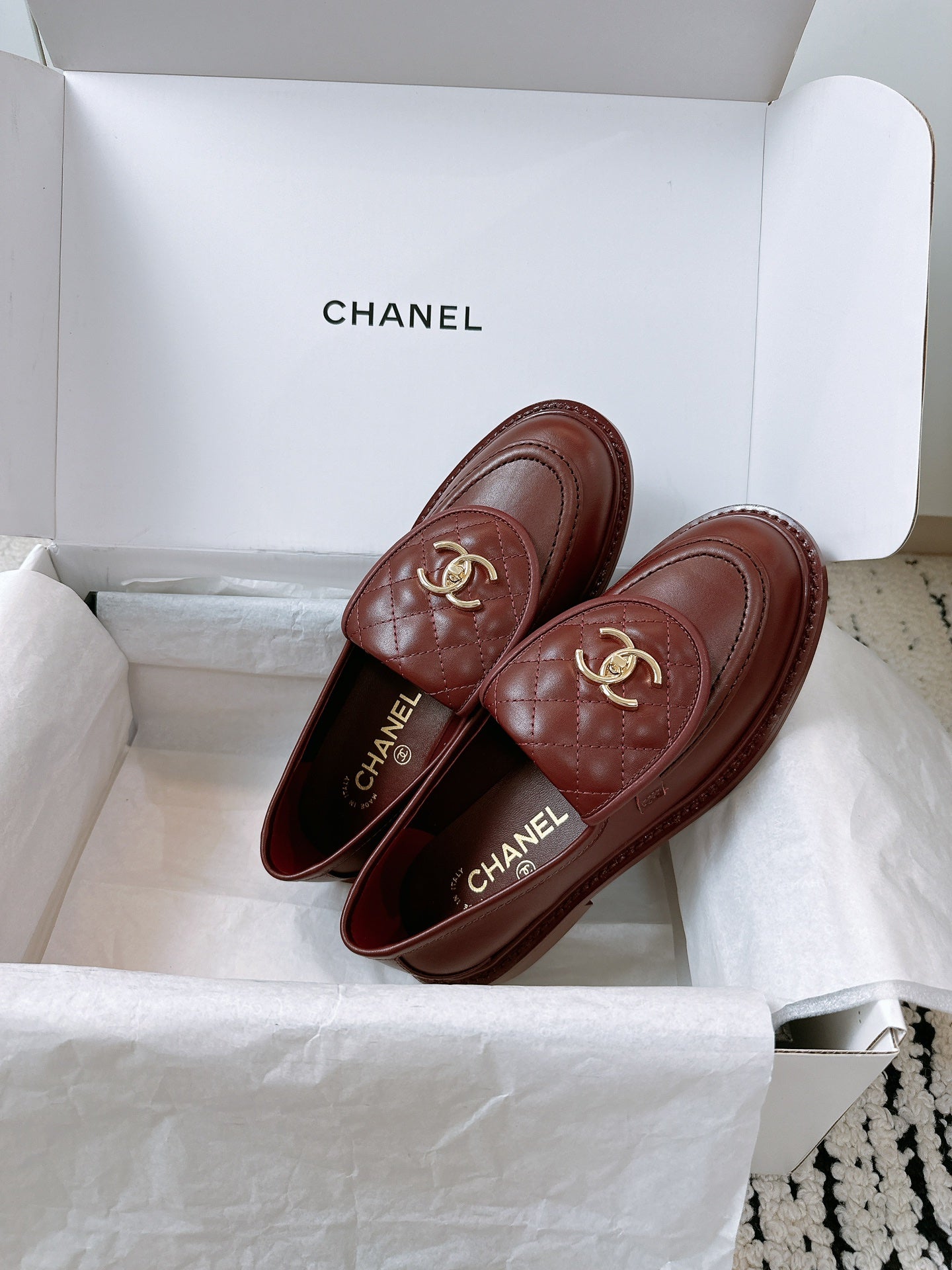 Chanel 2025 Moccasins Loafer Dark Burgundy Leather 144653