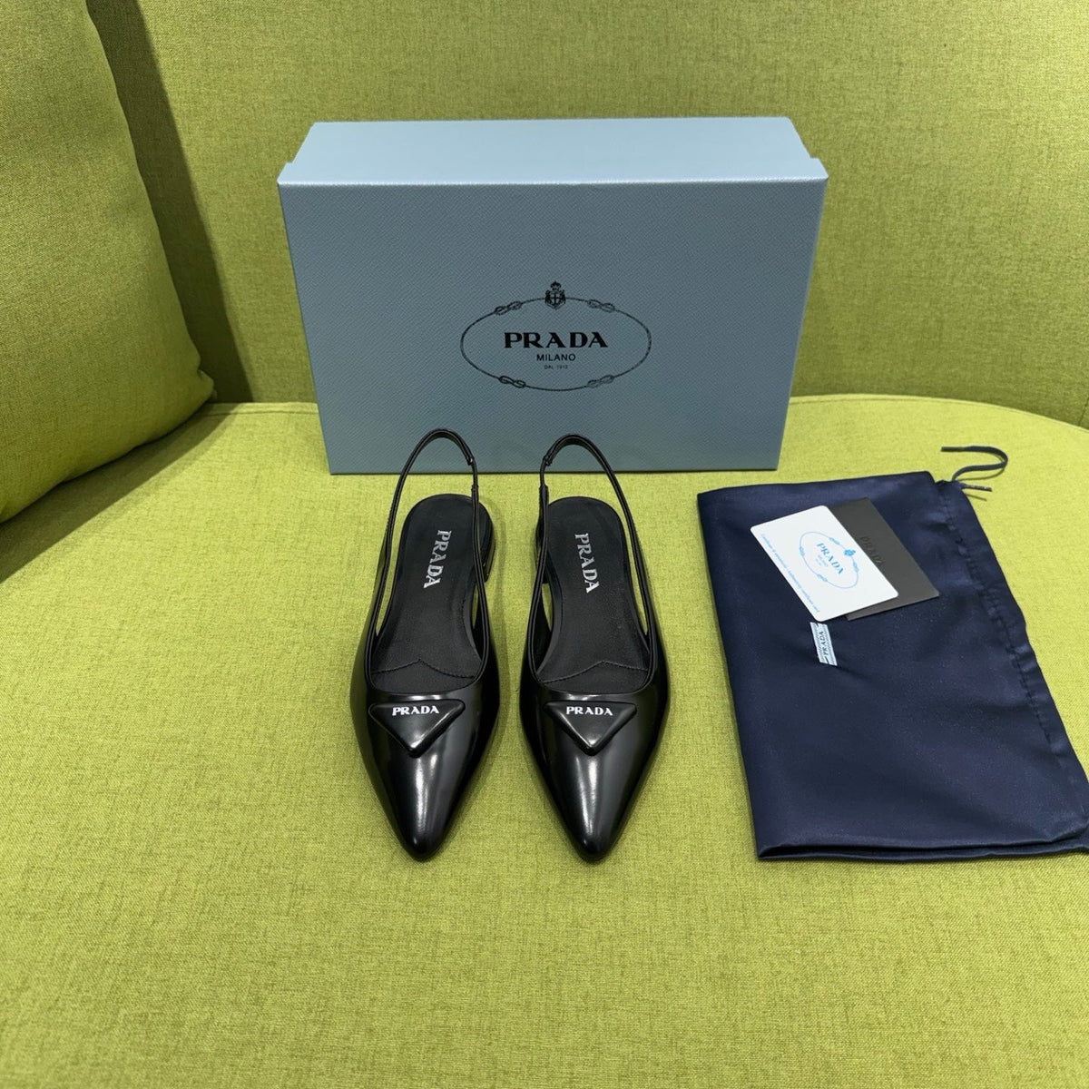 Prada 2026 Spazzolato Triangle Logo Slingback Flat Patent Leather 148638