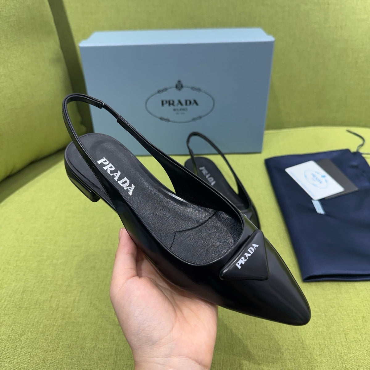 Prada 2026 Spazzolato Triangle Logo Slingback Flat Patent Leather 148638