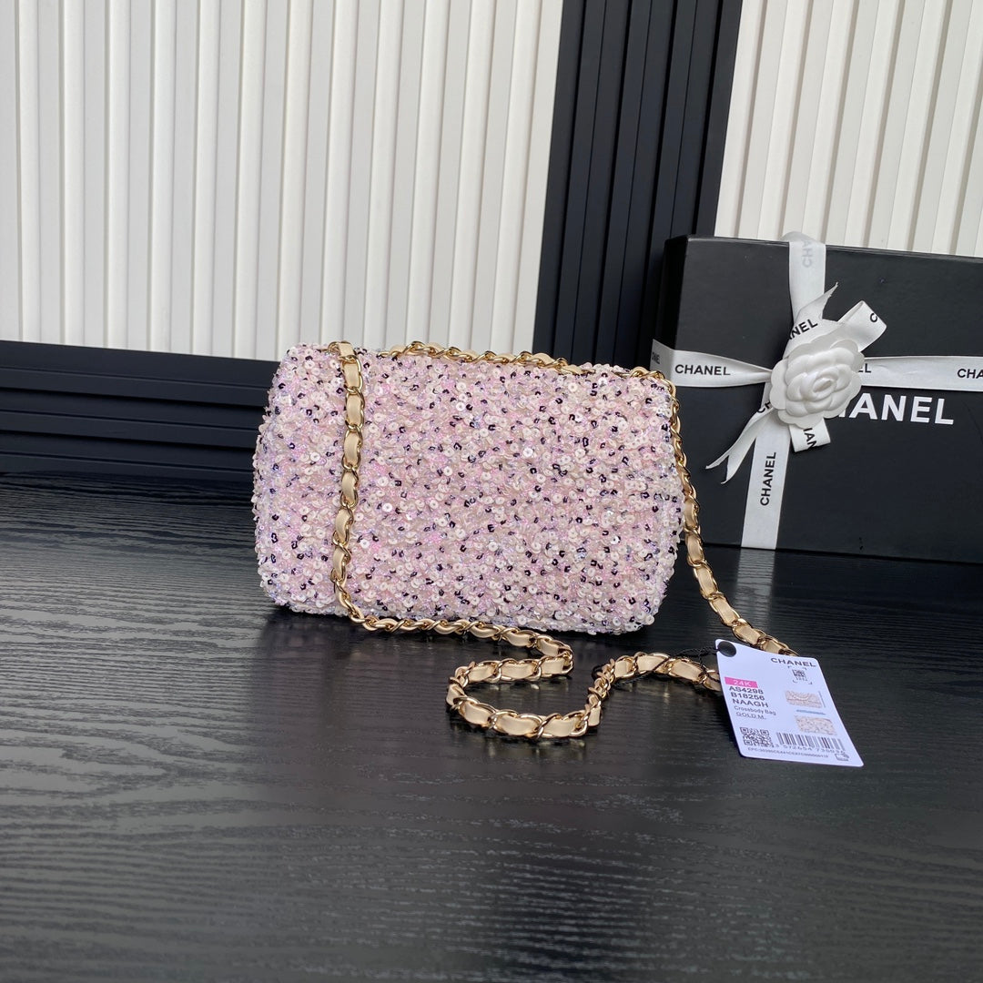 CC 24K Flap Bag 20cm Pink White Sequin Beige Lambskin