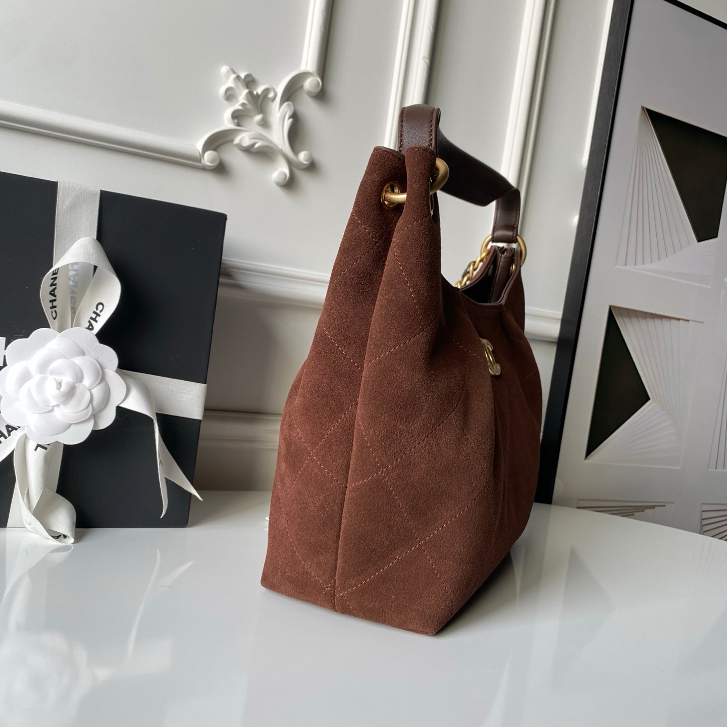 Chanel 2025 Hobo Bag 31cm Dark Brown Suede With Gold Hardware 320286