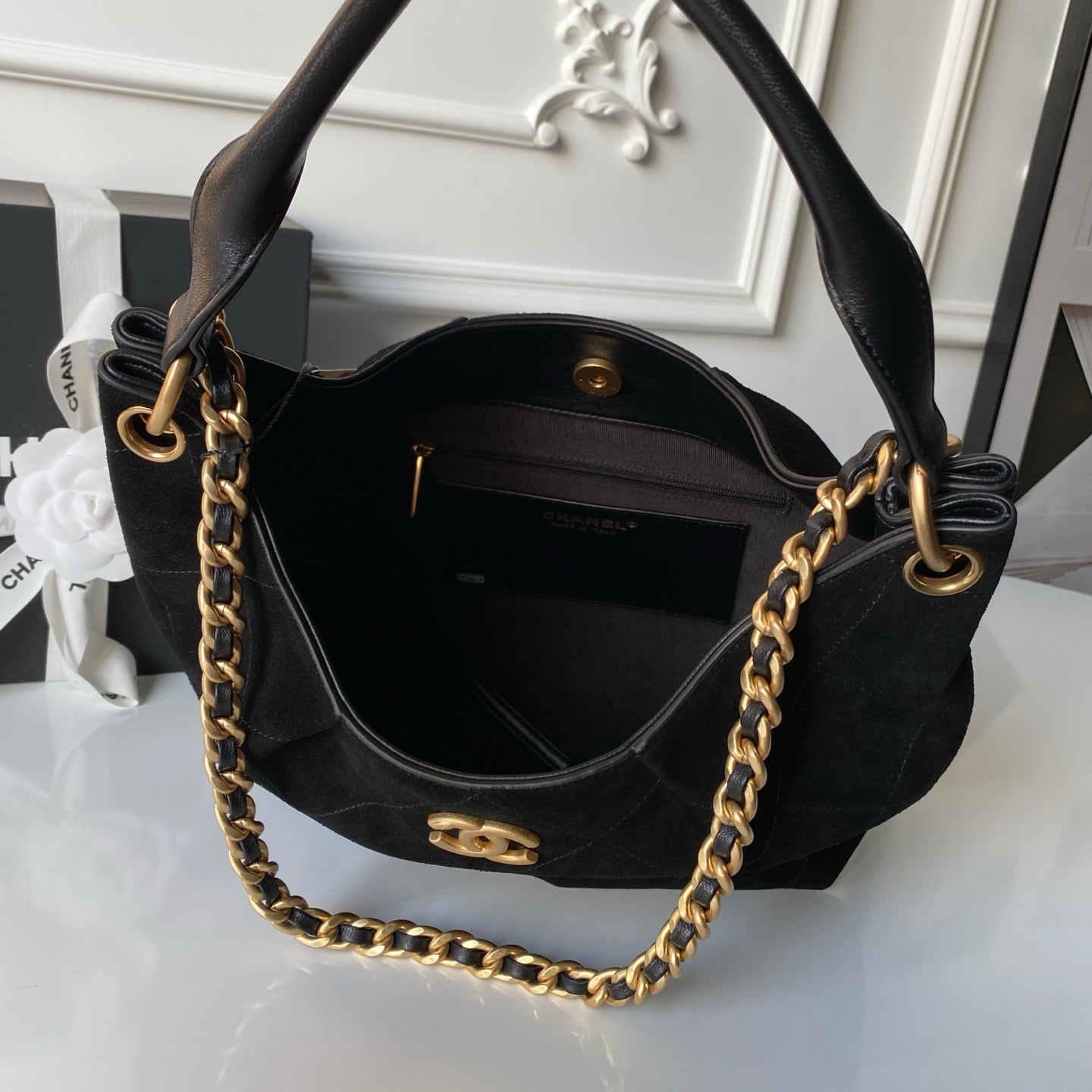 Chanel 2025 Hobo Bag 31cm Black Suede With Gold Hardware 320288