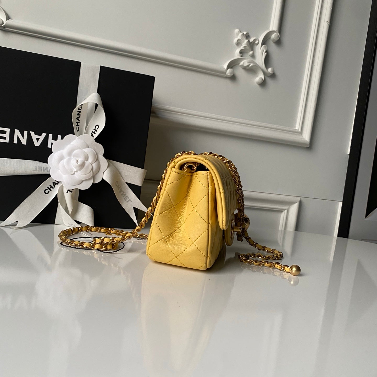 Chanel 25 Rectangular Pearl Crush Bag 20cm Yellow Lambskin 324811