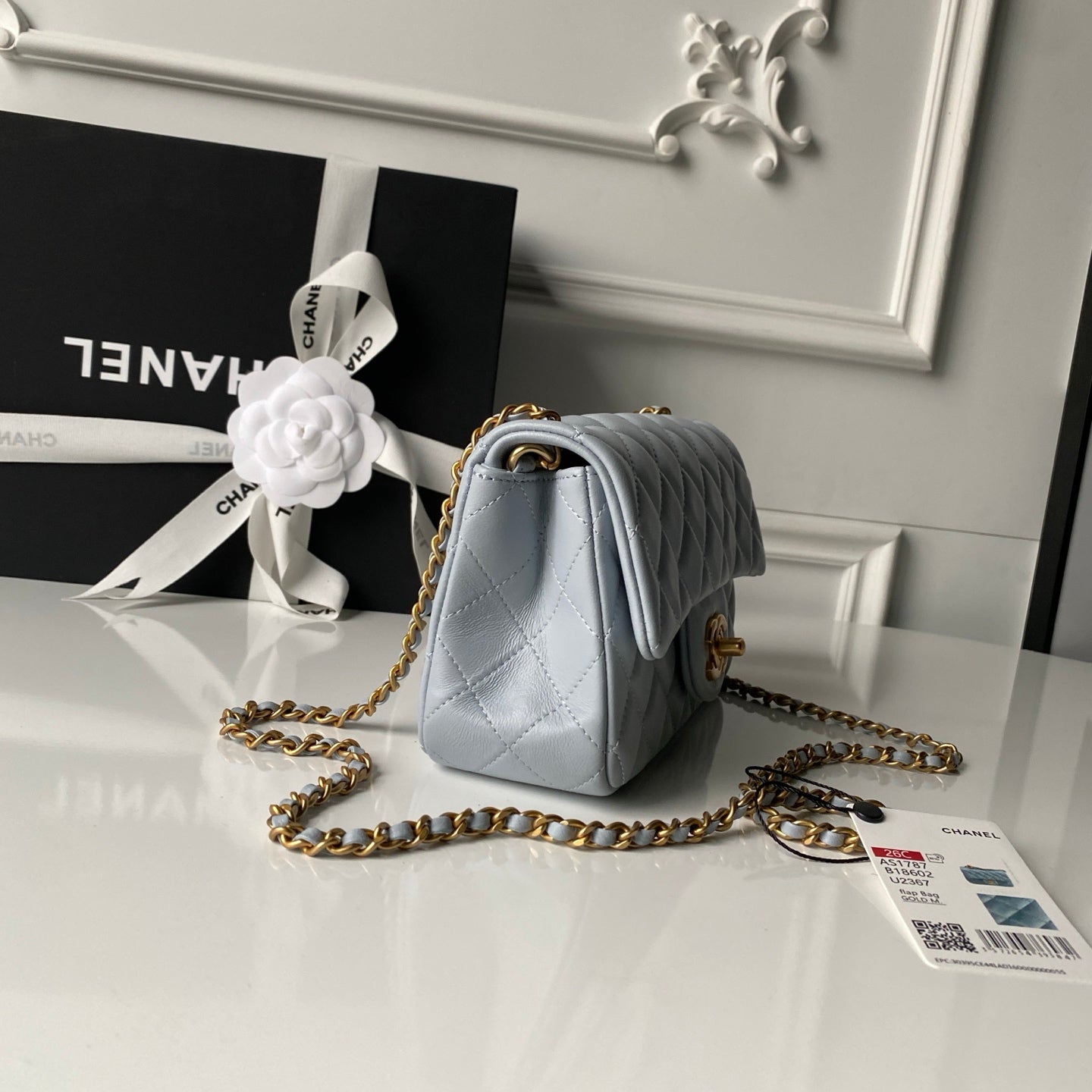 Chanel 25 Rectangular Pearl Crush Bag 20cm Light Blue Lambskin 324819