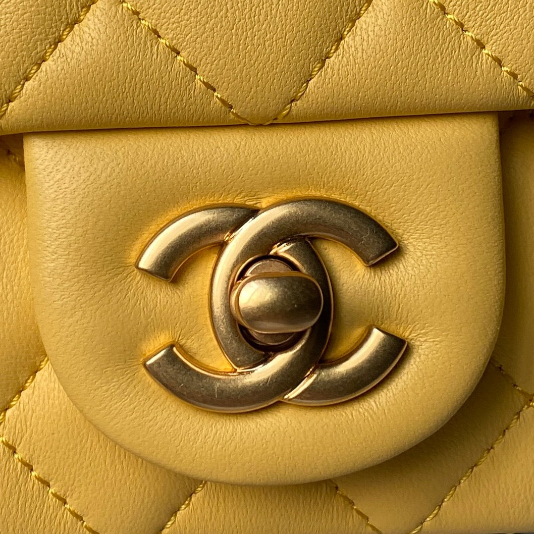 Chanel 25 Rectangular Pearl Crush Bag 20cm Yellow Lambskin 324811