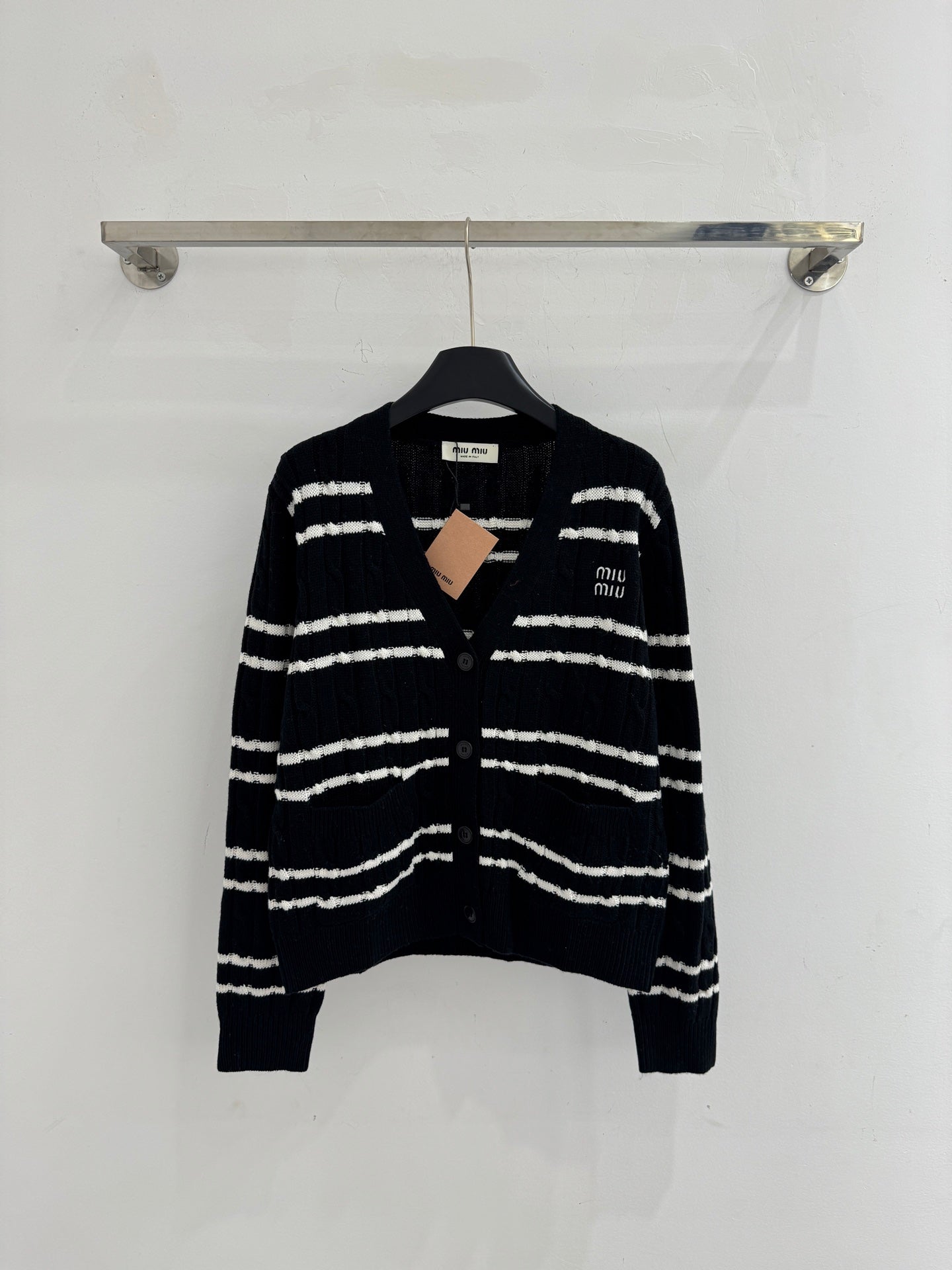 Miumiu 2025 Striped Knit Cardigan Gray and Black Wool