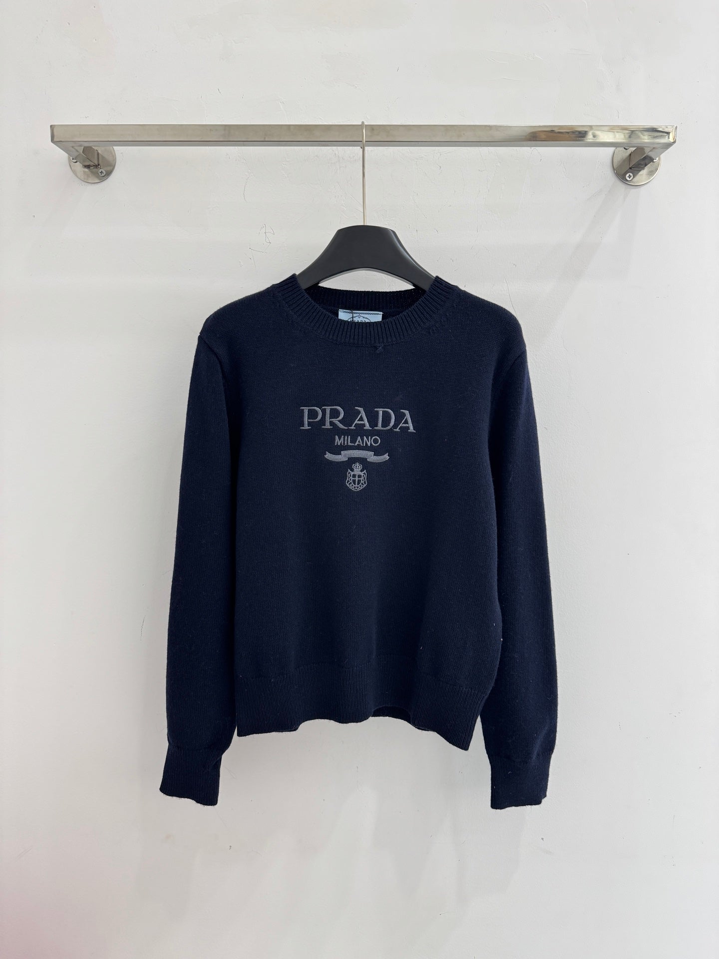 Prada 2025 Long-Sleeved Knit Sweater Dark Blue and Red Wool