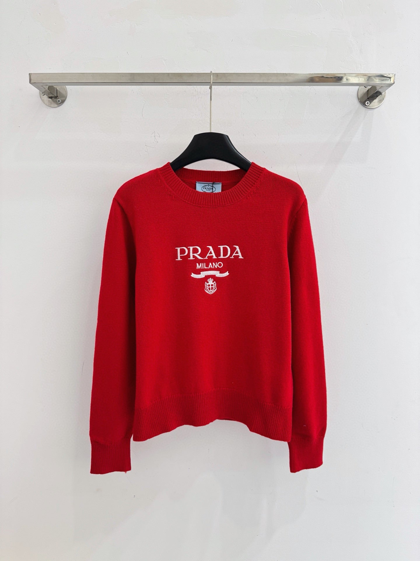 Prada 2025 Long-Sleeved Knit Sweater Dark Blue and Red Wool