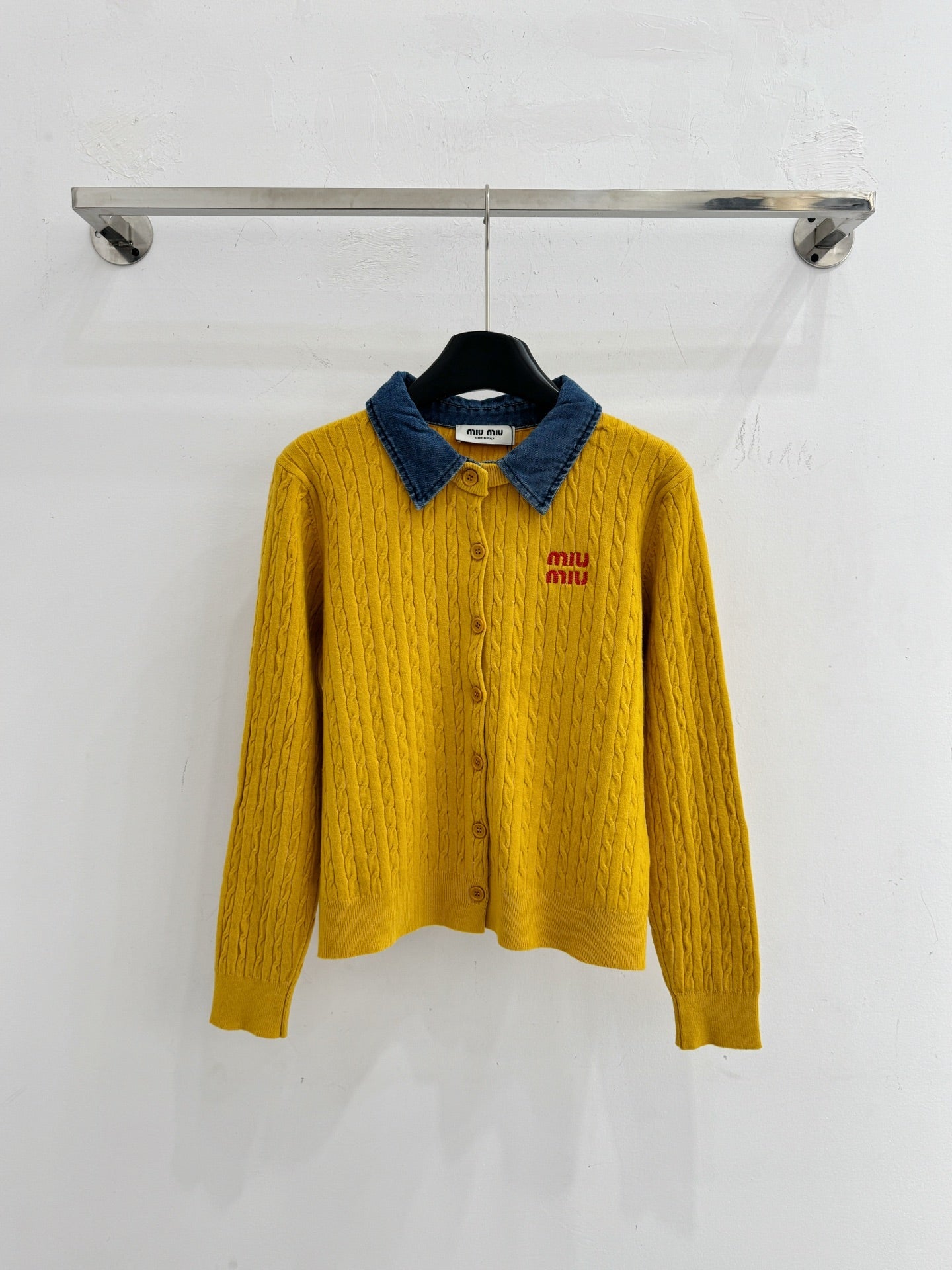 Miumiu 2026 Denim Collar Patchwork Cable Knit Cardigan Wool 794380