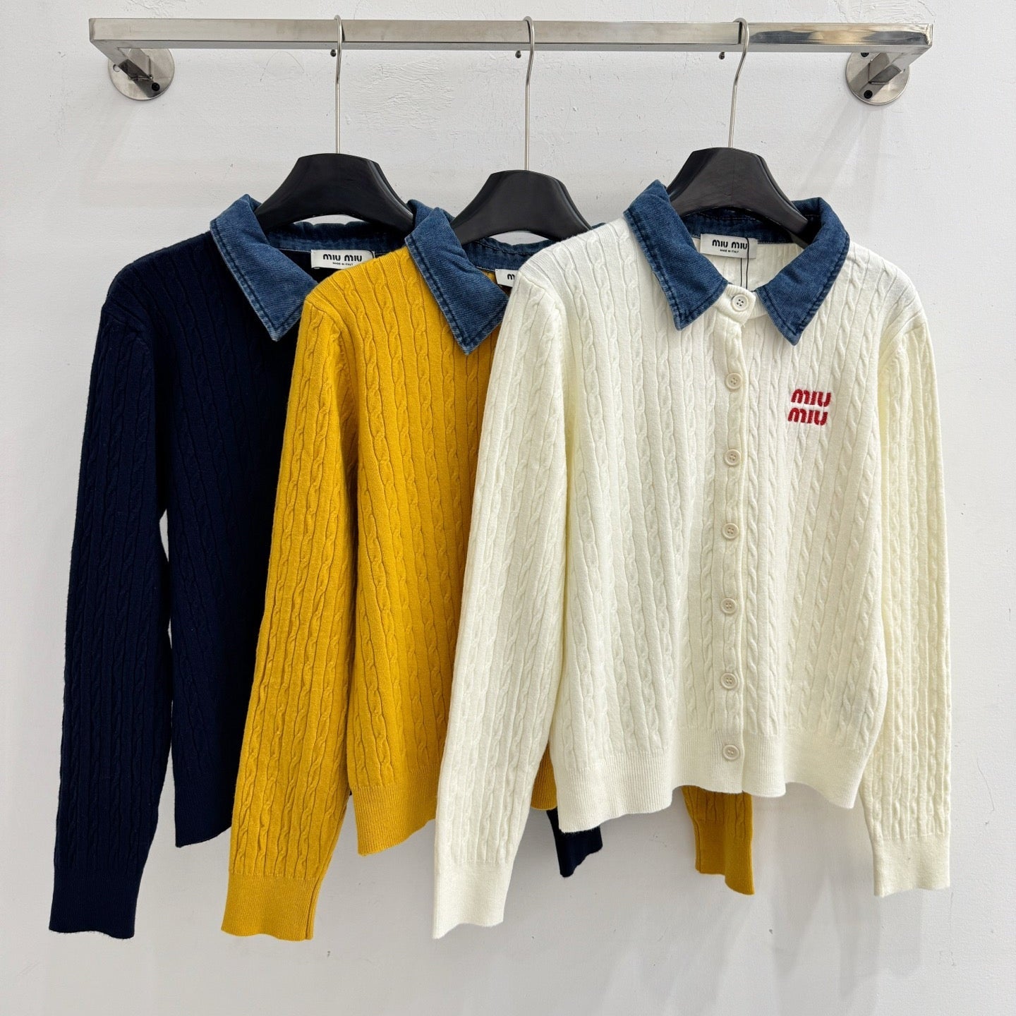 Miumiu 2026 Denim Collar Patchwork Cable Knit Cardigan Wool 794380