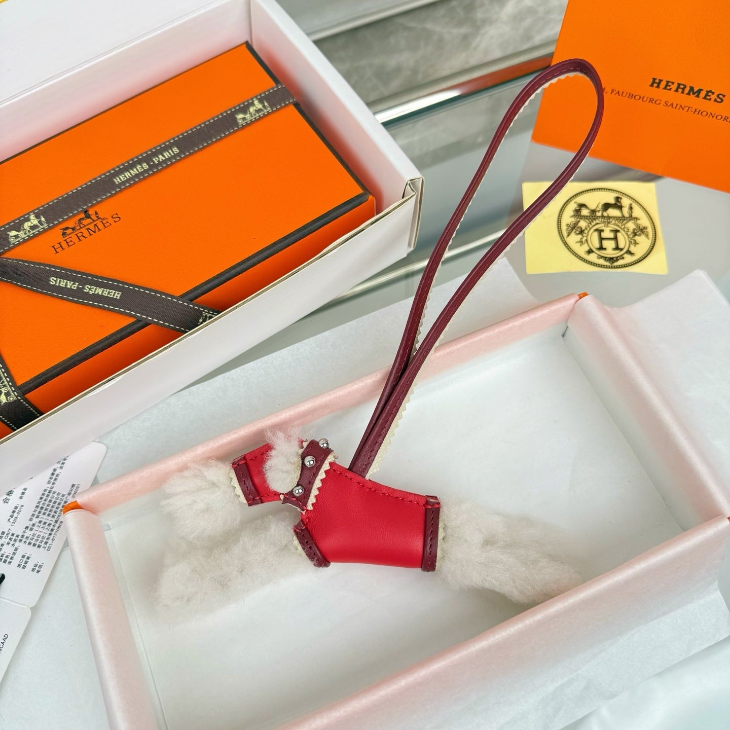 HM Budy Puppy Pendant Charm White Red Wool Cowhide