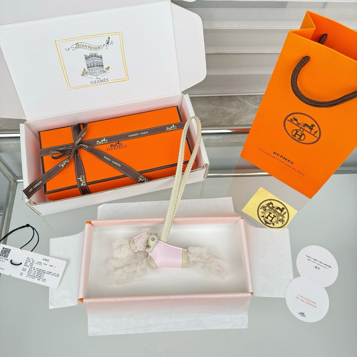 HM Budy Puppy Pendant Charm White Pink Wool Cowhide