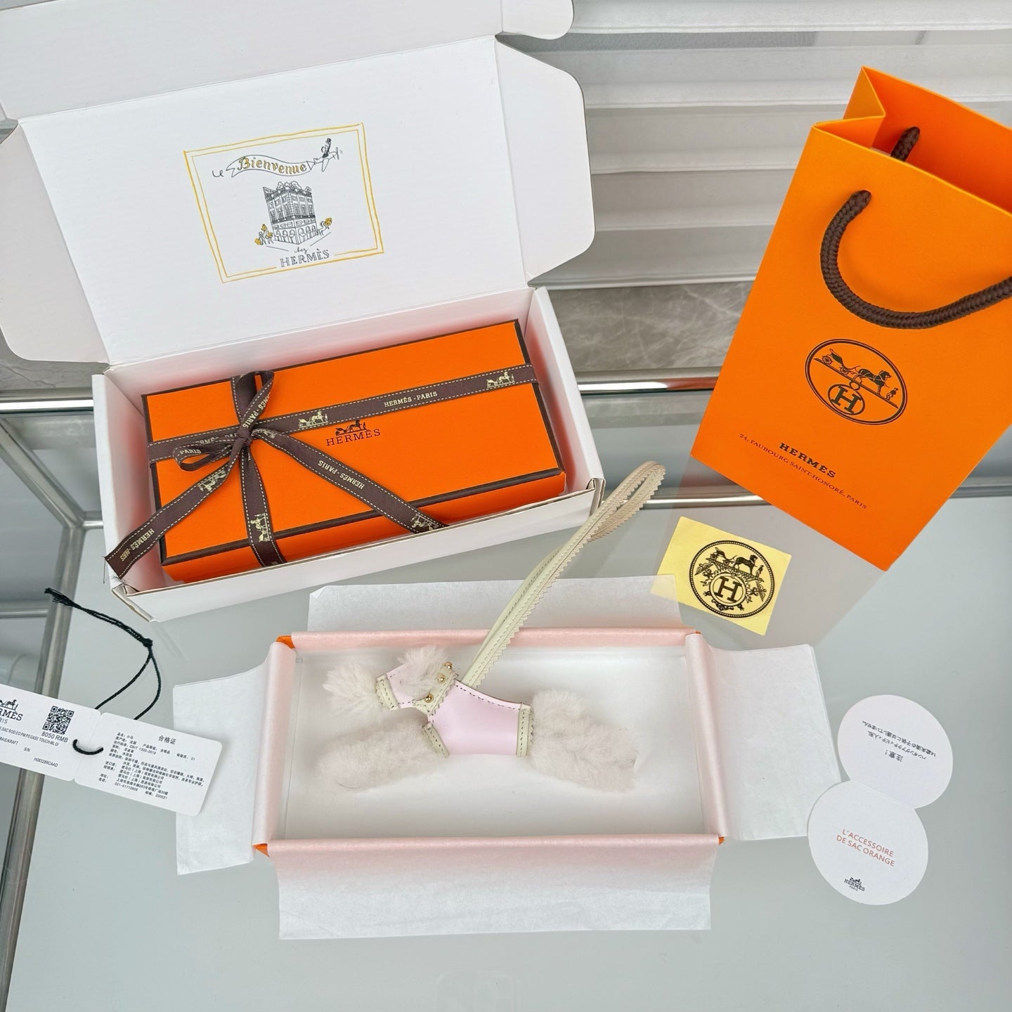 HM Budy Puppy Pendant Charm White Pink Wool Cowhide