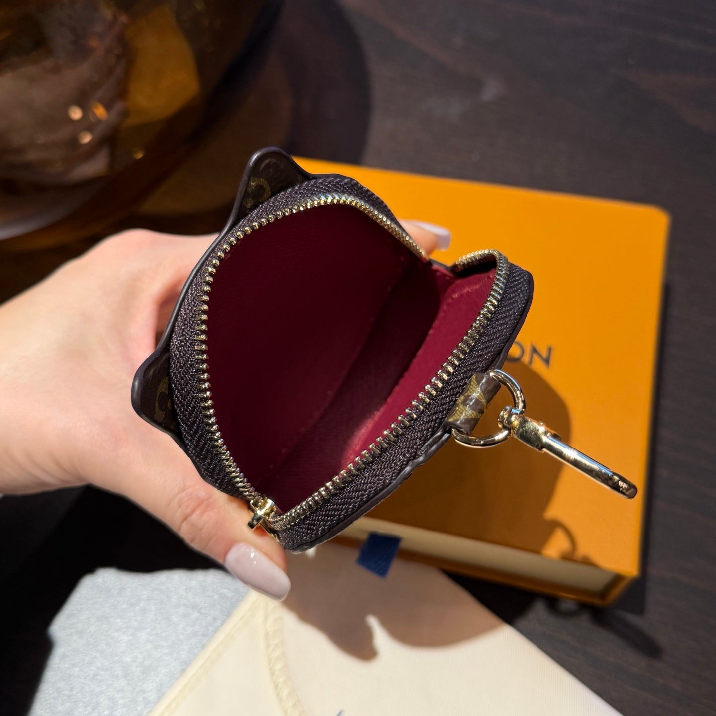 LV Monogram Kitty Coin Purse Charm White Brown Leather Canvas