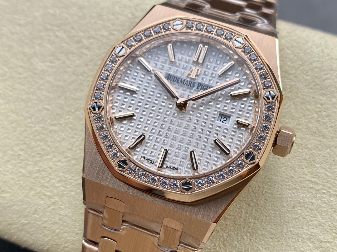 Audemars Piguet Royal Oak Lady 33mm Rose Gold White Dial Diamond Bezel
