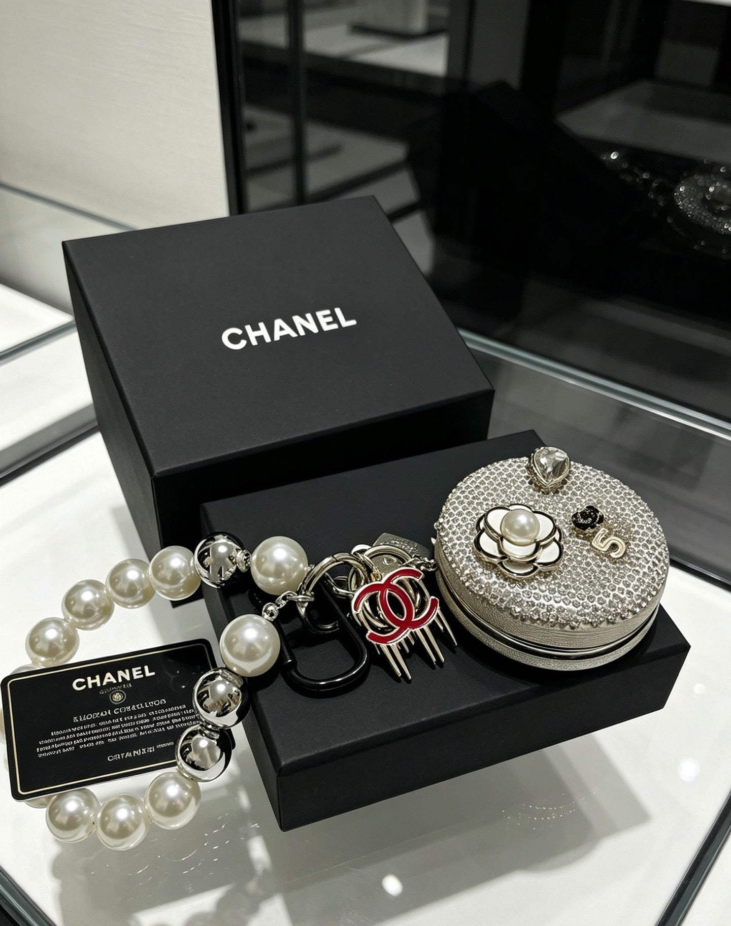 Chanel Rhinestone Camellia Mirror Charm